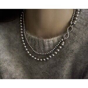 Silver Metallic Layered Double Strand Beaded Ball/Bead Necklace Infinity Clasp